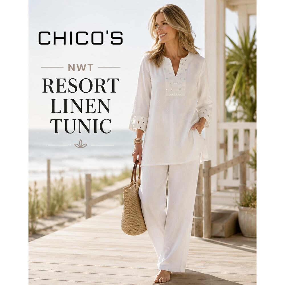 Chico's Size 1 White Linen Blend Embellished Mirror Tunic NWT Boho